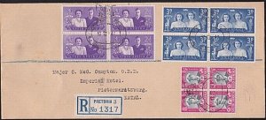 SOUTH AFRICA 1947 Royal Visit set in blocks on registered FDC ex Pretoria..B3623