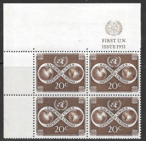 United Nations Scott 8 MNH* World Unity Inscription Block of Four Issue of 1951