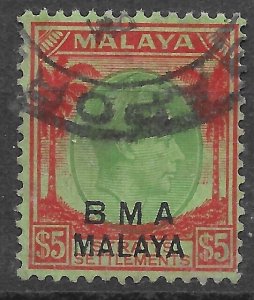 MALAYA BMA SG17 1945 $5 GREEN & RED ON EMERALD USED