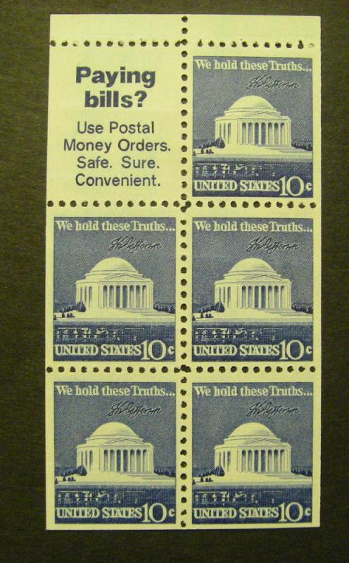 Scott 1510b, 10c Jefferson Memorial, pane of 5, Slogan 8, MNH Complete pane
