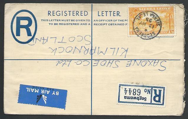 SIERRA LEONE 1955 Uprated 4d Registered envelope used SEGBWEMA to UK.......56417
