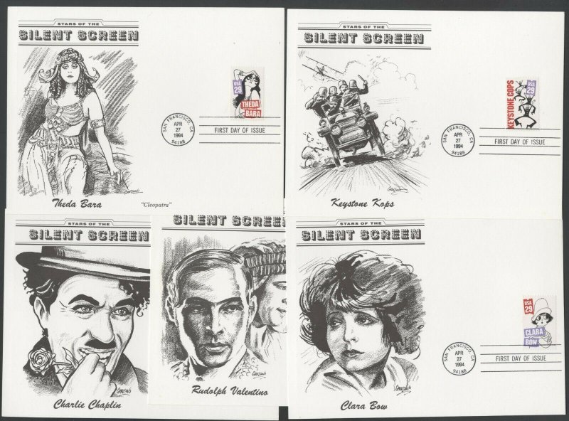 United States Scott #2819-2828, Silent Screen 10 FDC and 10 Maximum Cards