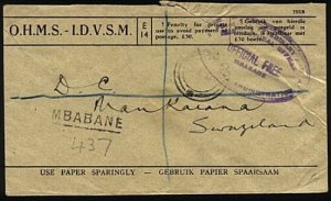 SWAZILAND 1949 OHMS registered cover Mbabane to Mankaiana (via S.A.).......23628 