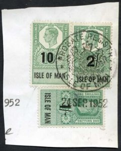 Isle of Man KGVI 10/- 2/- and 1/- Key Plate Type Revenues CDS on Piece