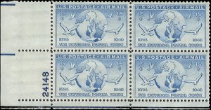 Scott # C43 1949 15c cobalt  Globe & Doves  Plate Block - Lower Left - Mint 