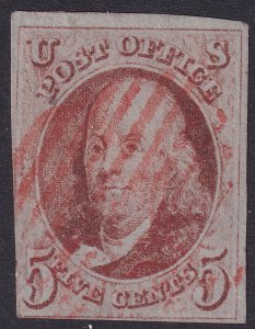 #1 Used, F-VF, 3 margins, red grid cancel (CV $425 - ID47910) - Joseph Luft