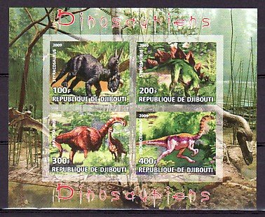 Djibouti, 2009 Cinderella item. Dinosaurs, IMPERF sheet of 4. ^