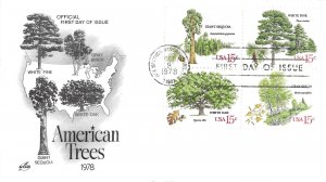 1978 FDC, #1767a, 15c American Trees, Art Craft, block of 4