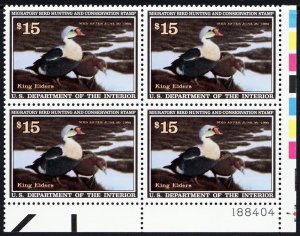 RW58, Mint VF NH $15 Duck Stamp Plate Block of Four Stamps - Face Value $60.00