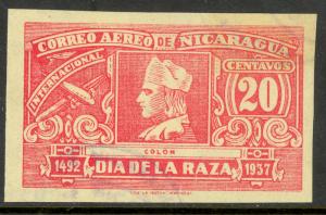 NICARAGUA 1937 20c COLUMBUS UNWATERMARKED IMPERF. Airmail Issue Sc C221avar VFU