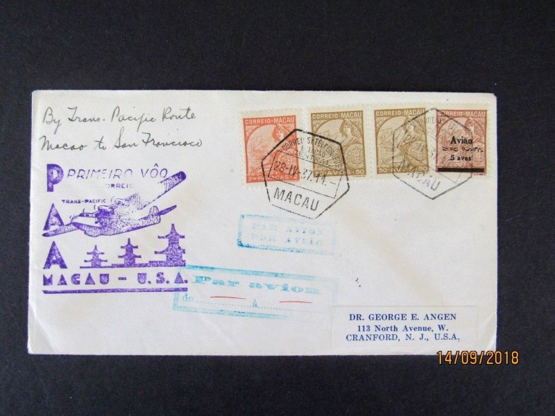 Macao to San Francisco First Flight, 1937 Pan Am, CV Stamps alone $40., backstmp