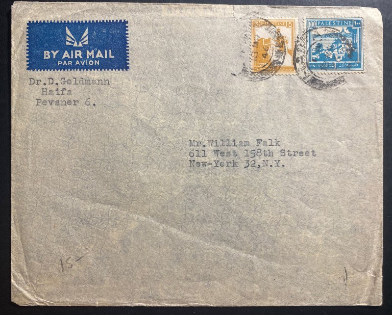 1946 Haifa Palestine Airmail cover To New York USA 