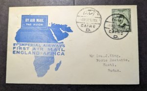 1931 Egypt Airmail First Flight Cover FFC Cairo to Kosti Sudan Geo J King