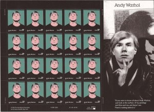 US Stamp 2002 Andy Warhol - 20 Stamp Sheet - Scott #3652