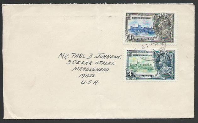 BR HONDURAS 1940 cover, late use 3c & 4c Jubilee, to USA...................53189