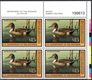 US Stamp #RW68 MNH - SUPER Northern Pintail Duck Plate Block of 4 w/ Color Bar