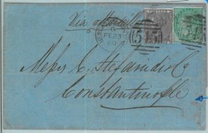 BK0745 - GB - POSTAL HISTORY - SG # 70 + 72 on COVER to CONSTANTINMOPLE 1860-