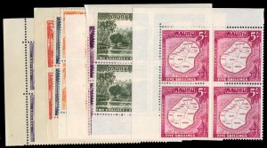 Nauru #39-47 Cat$60.40, 1954 1/2p-5sh, complete set in blocks of four, never ...