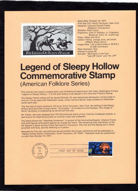 SP354 Sleepy Hollow, FDC Souvenir Page (#1548)