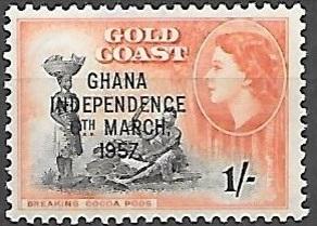 Ghana 1957 Queen Elizabeth, independence overprint, 1sh, mlh, Scott #10