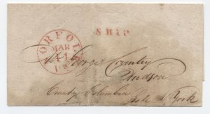 c1840 Norfolk VA red CDS ship handstamp stampless cover to Hudson NY [h.4641]