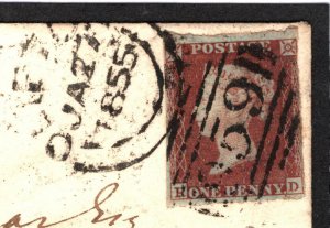 GB Cover LATE USE IMPERF 1d Red Plate 170 *Clifton* Sideways Duplex 1855 587c 