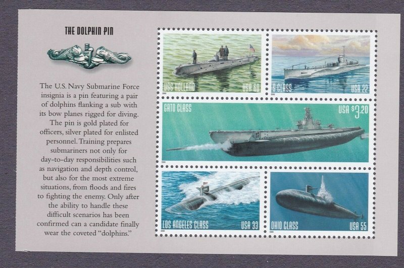 U.S. NAVY SUBMARINES Booklet Pane of 5 US #3377a Selvage w /Dolphin Pin MNH F-VF