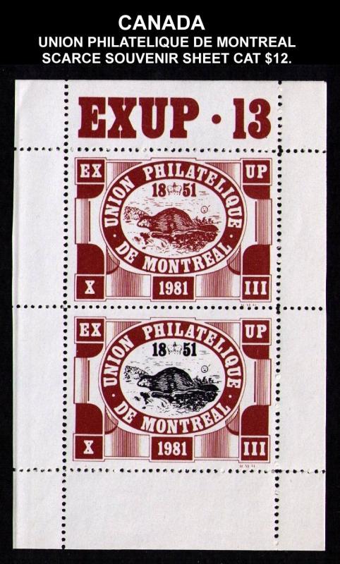 CANADA UNION PHILATELIQUE MONTREAL EXUP SOUVENIR SHEET #cc1325 CV $12 CINDERELLA