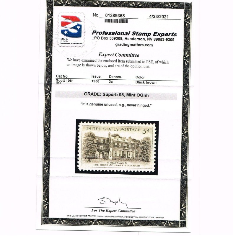 EXCEPTIONAL GENUINE SCOTT #1081 MINT PRISTINE OG NH PSE CERT GRADED SUPERB-98