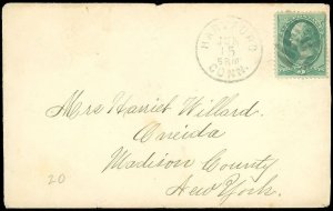 1860's Cover, Fancy LEAF Cancel on SC #207, HARTFORD CT - ONEIDA, MADISON CO NY!