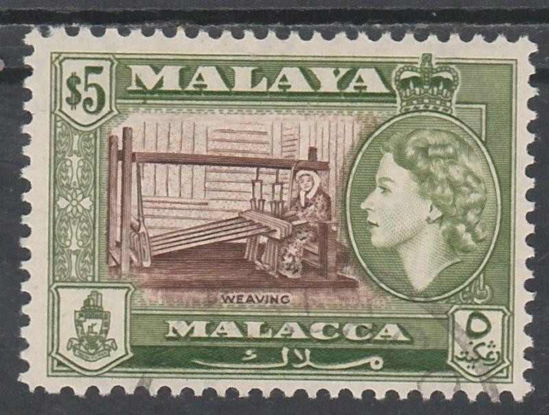 MALACCA 1957 QEII WEAVING $5 TOP VALUE USED 