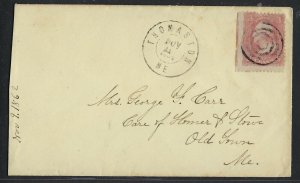 US 1862 CIVIL WAR COVER THOMASTON ME TO OLD TOWN ME TARGET FANCY CANCEL