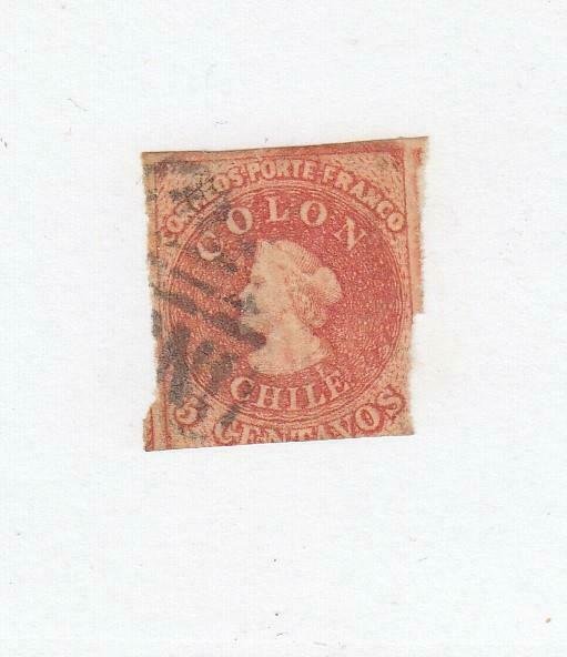 CHILE (MK5691) # 3  F-USED  5c 1854  CHRISTOPHER COLUMBUS /PALE RED BROWN CV $68
