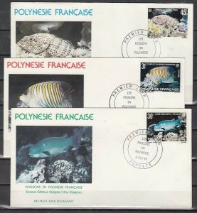 Fr. Polynesia, Scott cat. 355-357. Various Fish issue. 3 First day covers.