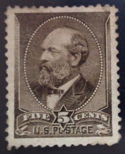 US Scott #205 - VF - 5c Yellow Brown - Garfield - OG HR - Thin - 1882