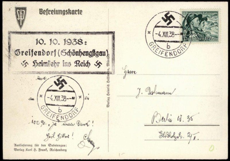 3rd Reich Germany Greifendorf Sudetenland Annexation Provisional Cover G67071