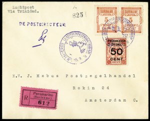 Suriname Stamps Rare Early Air Flight Registered Cover Via Trinidad 