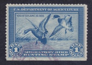 US RW1 1934 Mallards Alighting Duck Hunting Stamp With Postal Cancel VF