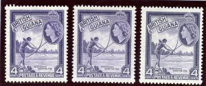 British Guiana 1954 QEII 4c in all three printings MNH. SG 334, 334a, 334ab. 