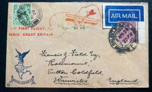 1929 Calcutta India First Flight Airmail cover FFC To Sutton Coldfield England