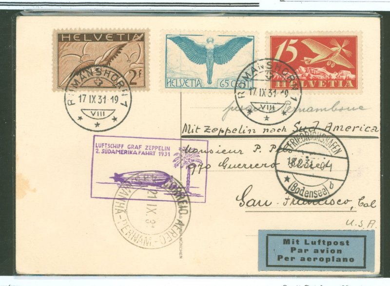 Switzerland C3/C10/C15 Swiss postcard connected to the second outround survey flight of the Graf Zeppelin (LZ127) leaving from F