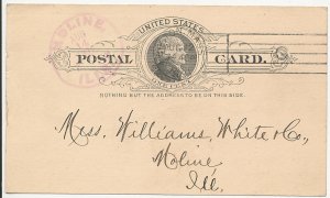 1892 Boston Mass Machine Cancel  on UX9 POstal Card to Moline Illinois Cancel