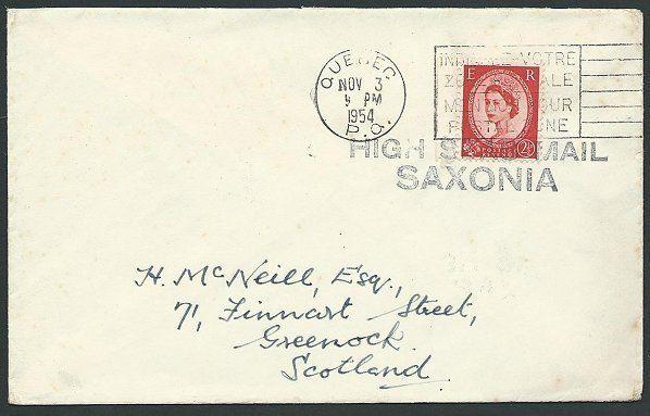 CANADA 1954 GB 2½d on cover Quebec pmk & HIGH SEAS MAIL / SAXONIA..........42428