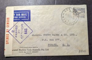 1941 Australia Airmail Cover Sydney NSW GPO to Penang Singapore