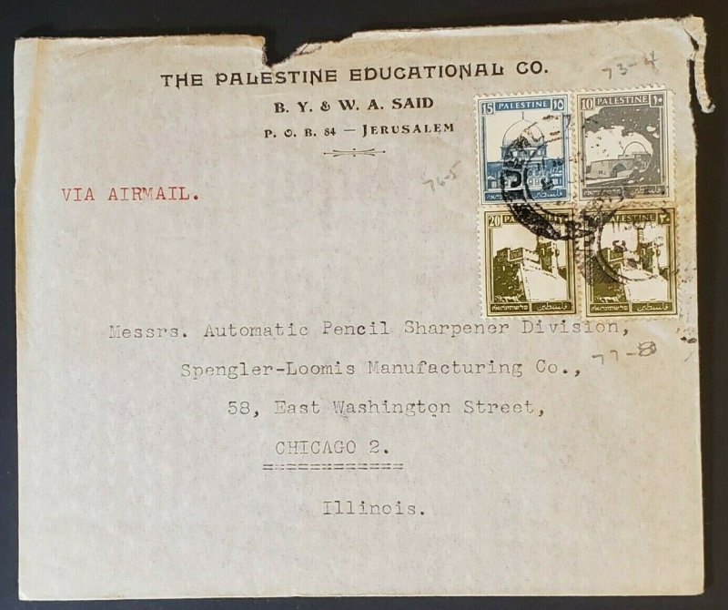 1940's Jerusalem Palestine to Chicago Pencil Sharpener Advertising Airmail Cover 