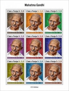 St Thomas - 2021 Indian Leader Mahatma Gandhi - 9 Stamp Sheet - ST210606a4