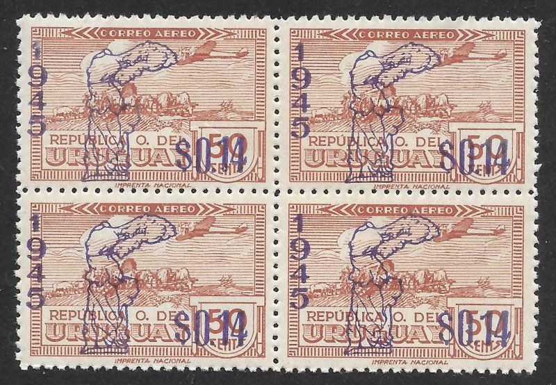 Doyle's_Stamps: MNH Uruguay WWII Victory Ovprt Airmail Block, Scott #C116**