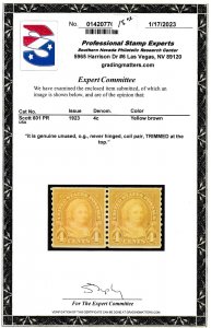 U.S. Scott # 601 PR, 4¢, 1923, Unused, OGnh, Coil Pair, Trimmed at top