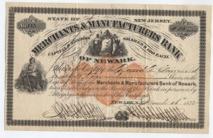 1872 Merchants & Manufacturers Bank of Newark NJ stock RN-U1 [6514.65]