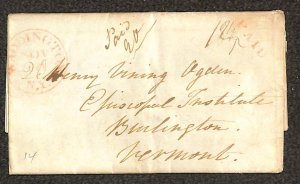 USA STAMPLESS COVER WADDINGTON NEW YORK TO BURLINGTON VERMONT FOLDED LETTER 1839